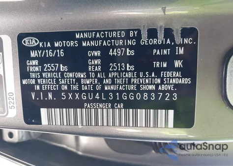 2016 Kia Optima Ex из США, поврежденный, VIN 5XXGU4L31GG083723